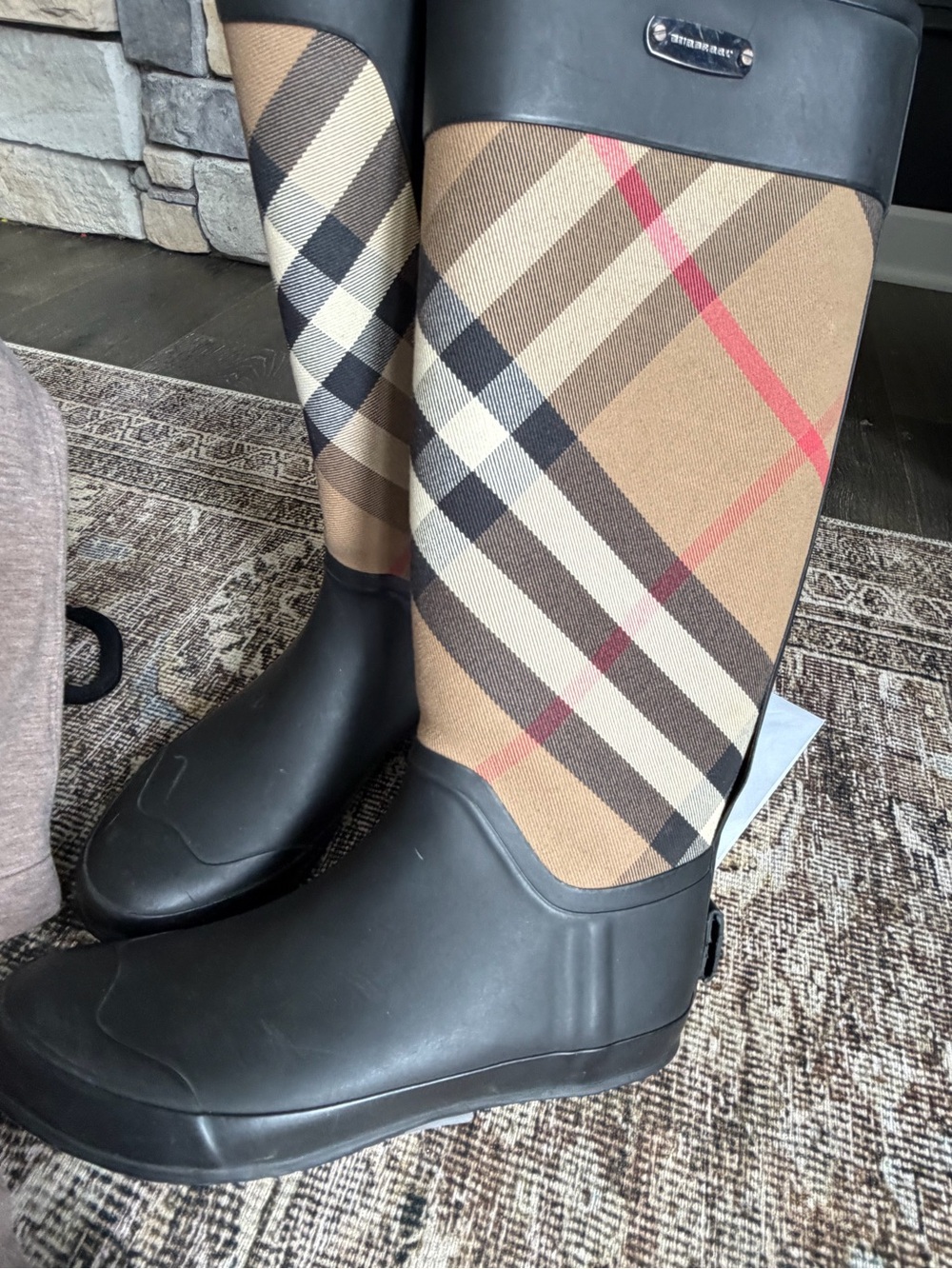 Burberry Classic Plaid Tall Rain Boots - Black & Beige - Picture 4 of 8